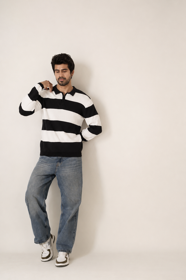 Striped Knit Zip Neck Polo