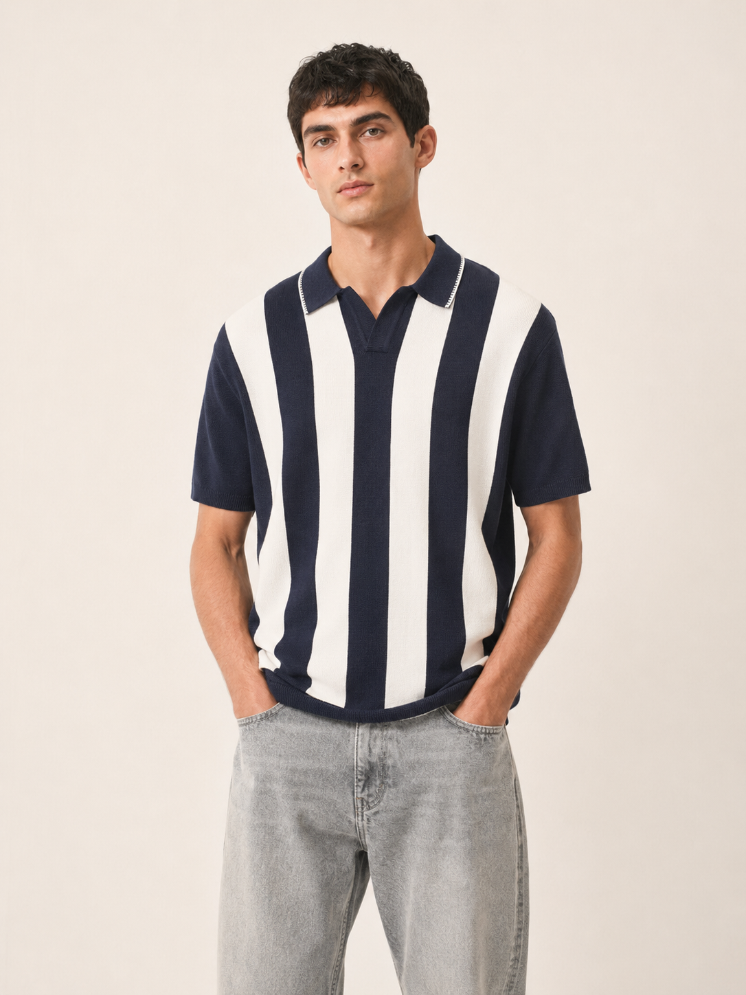 Vertical Striped Knit Polo