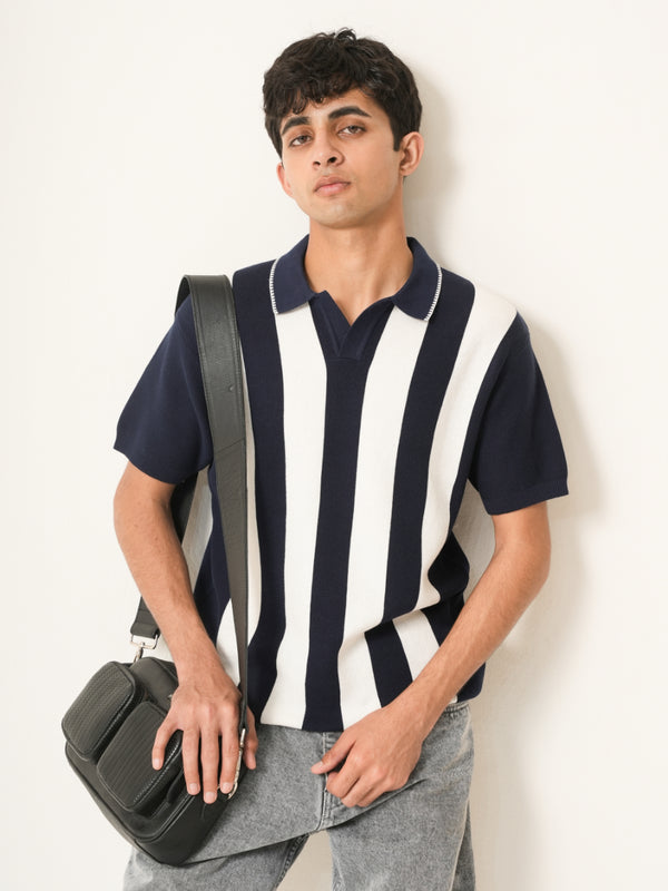 Vertical Striped Knit Polo