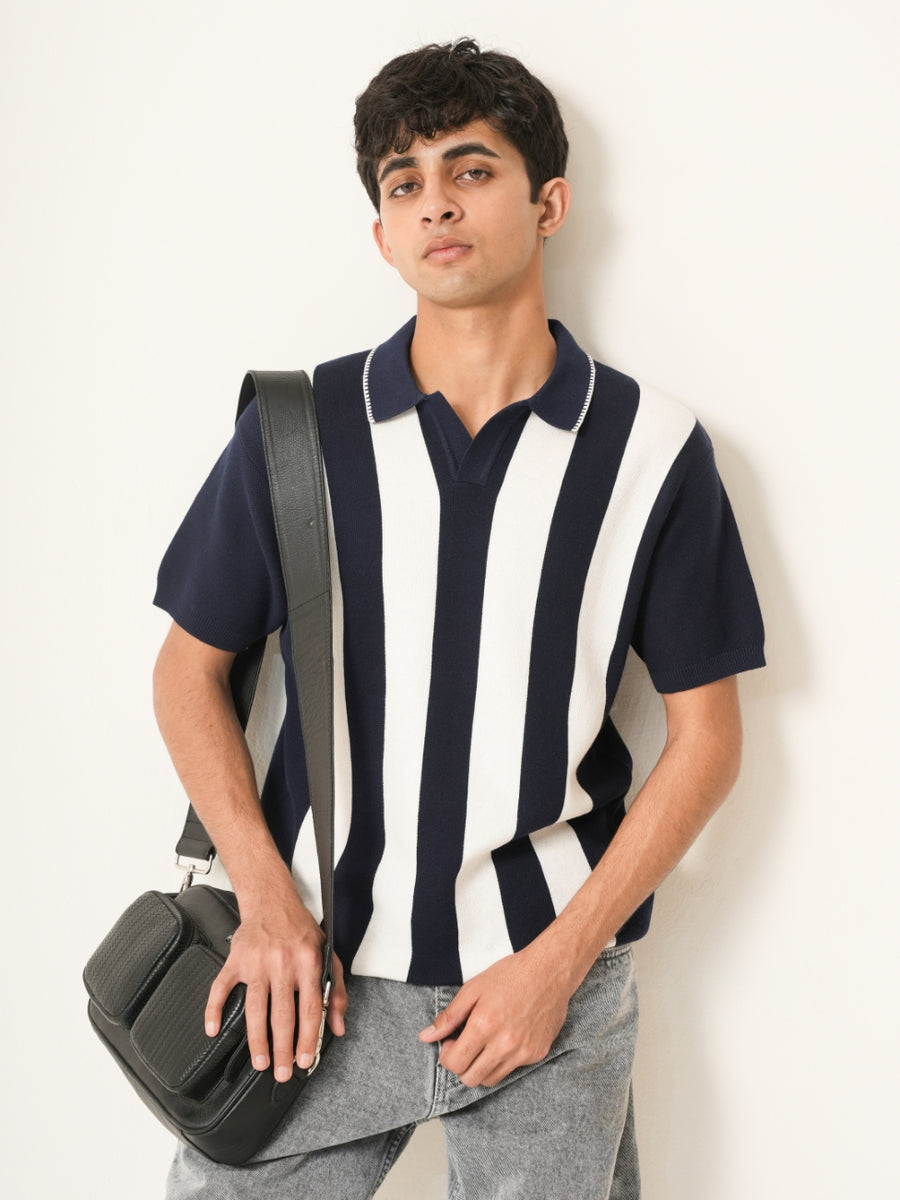 Vertical Striped Knit Polo