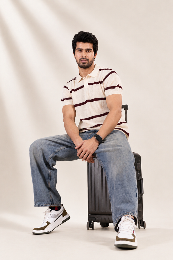 Open Knit Striped Polo