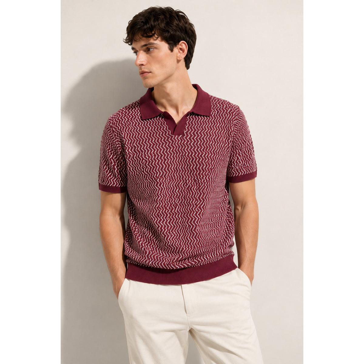 Wavy Chevron Knit Polo — MAROON,WHITE — 1