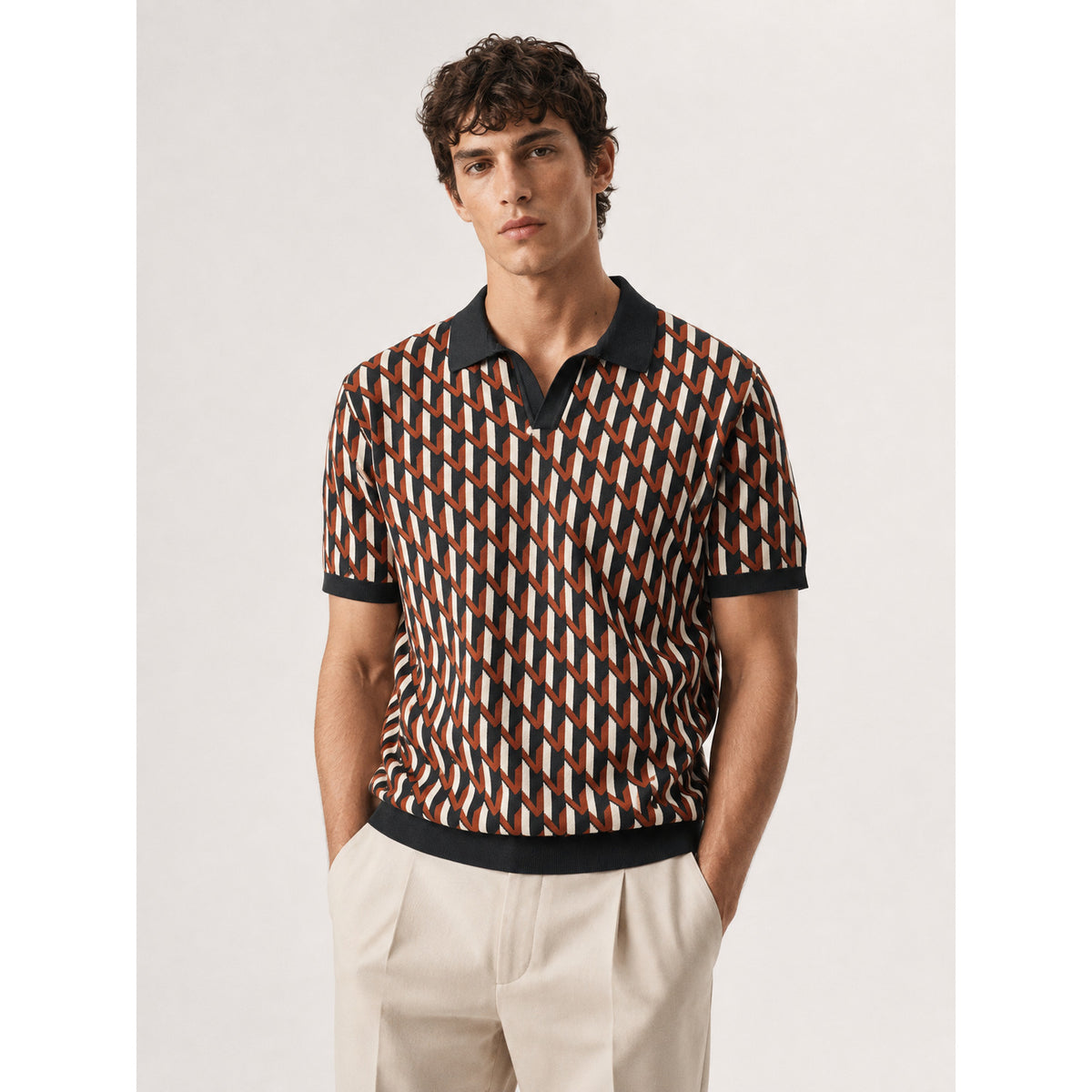 Geo Link Knit Polo — RUST,BLACK,WHITE — 1