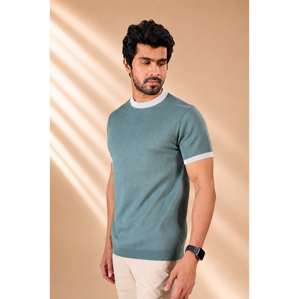 Contrast Ribbed Knit T-Shirt — Sea Green — 1