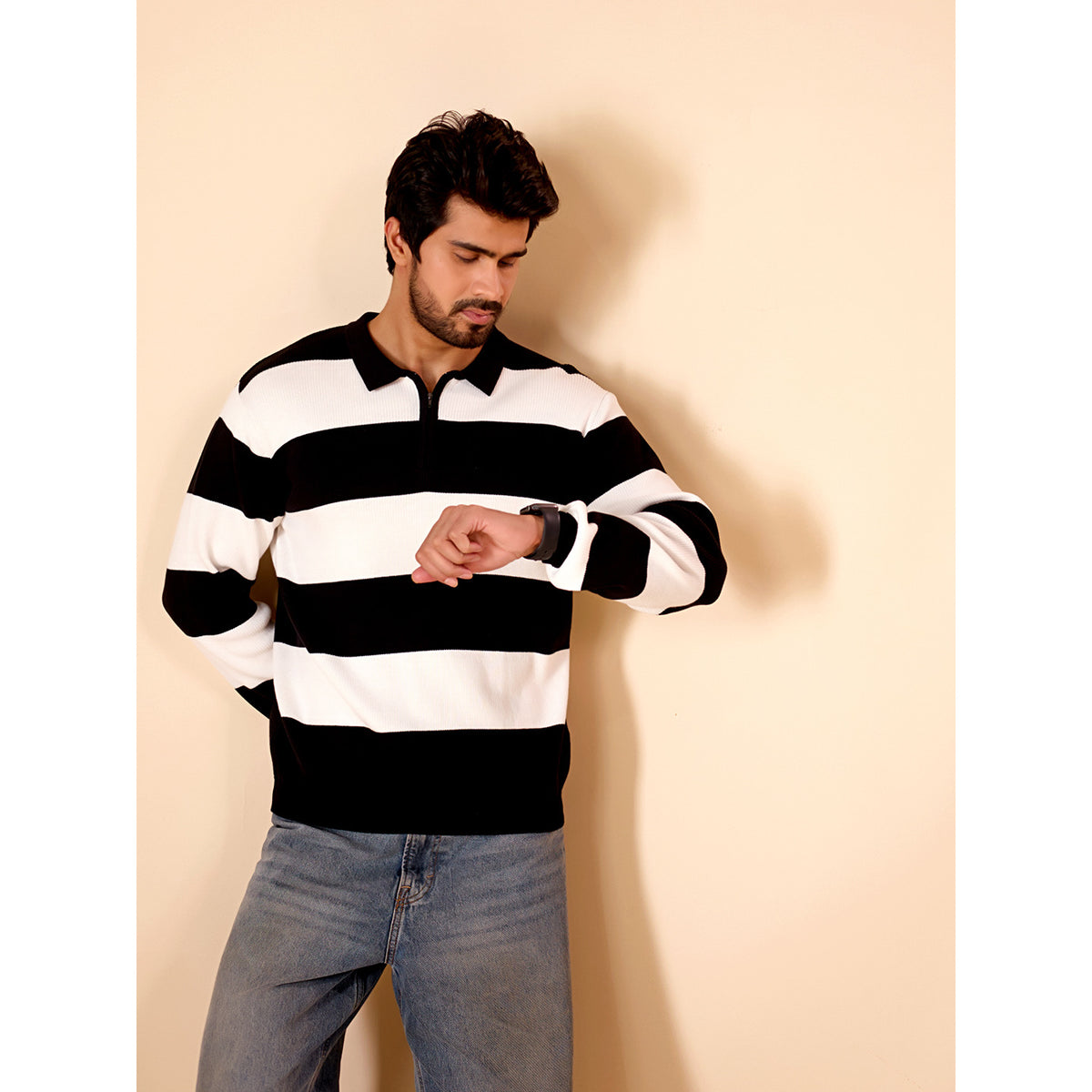 Striped Knit Zip Neck Polo — BLACK,WHITE — 1