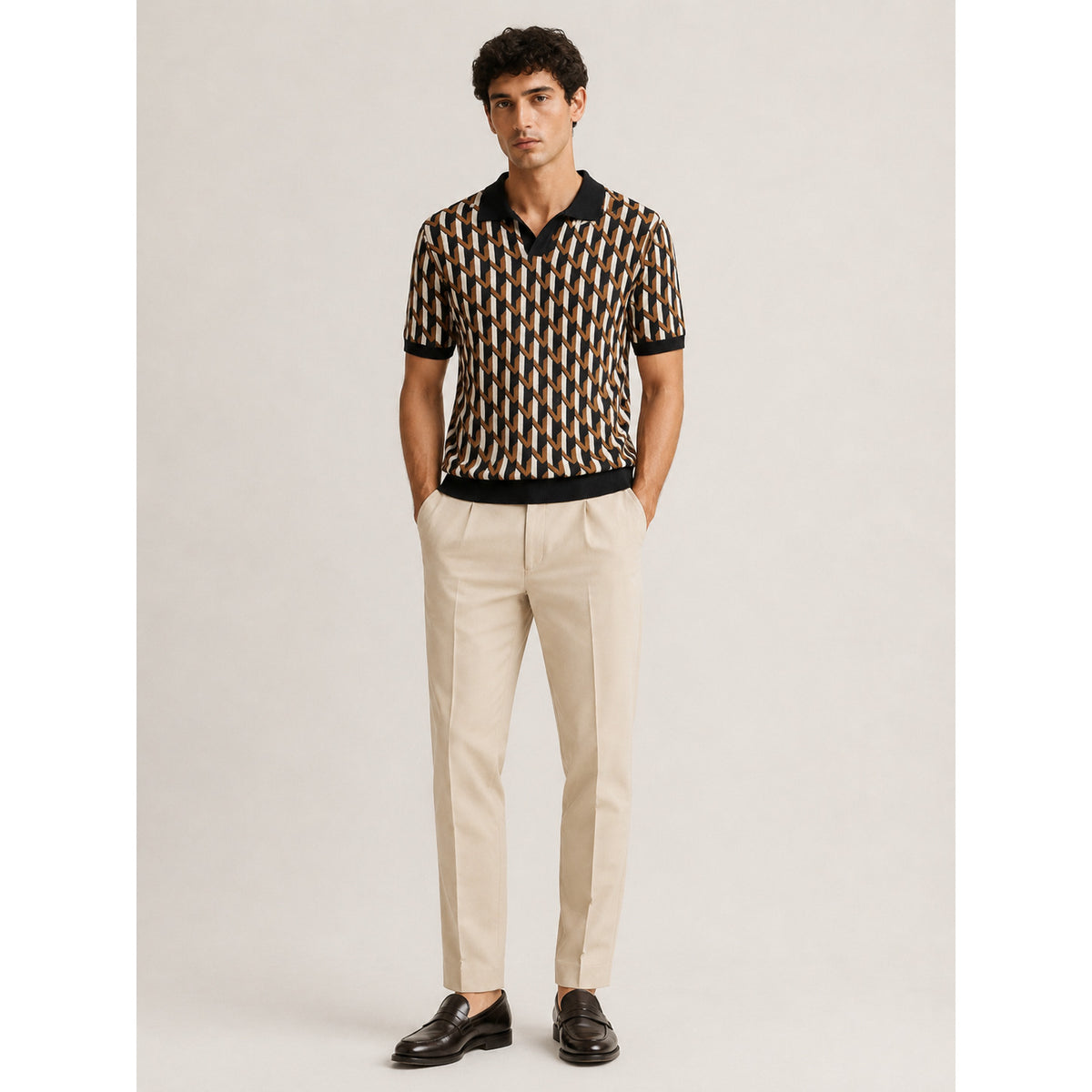 Geo Link Knit Polo — BROWN,BLACK,WHITE — 7