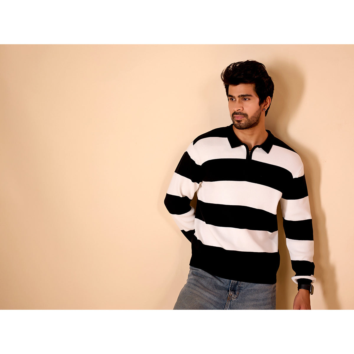 Striped Knit Zip Neck Polo — BLACK,WHITE — 2