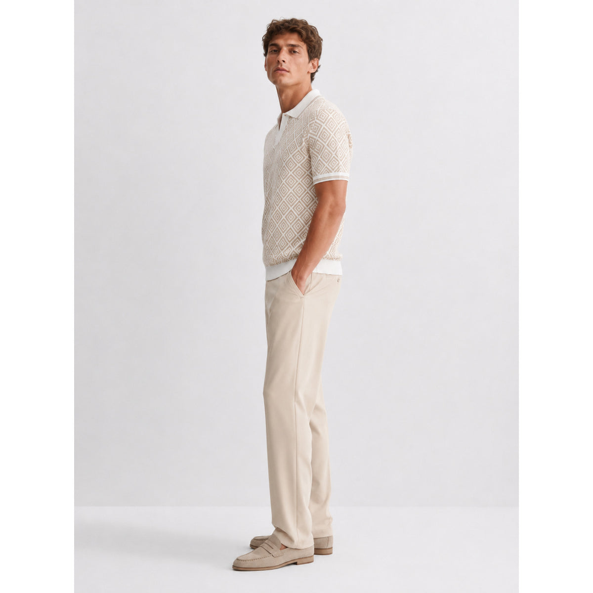 Mosaic Knit Polo — BEIGE, WHITE — 3