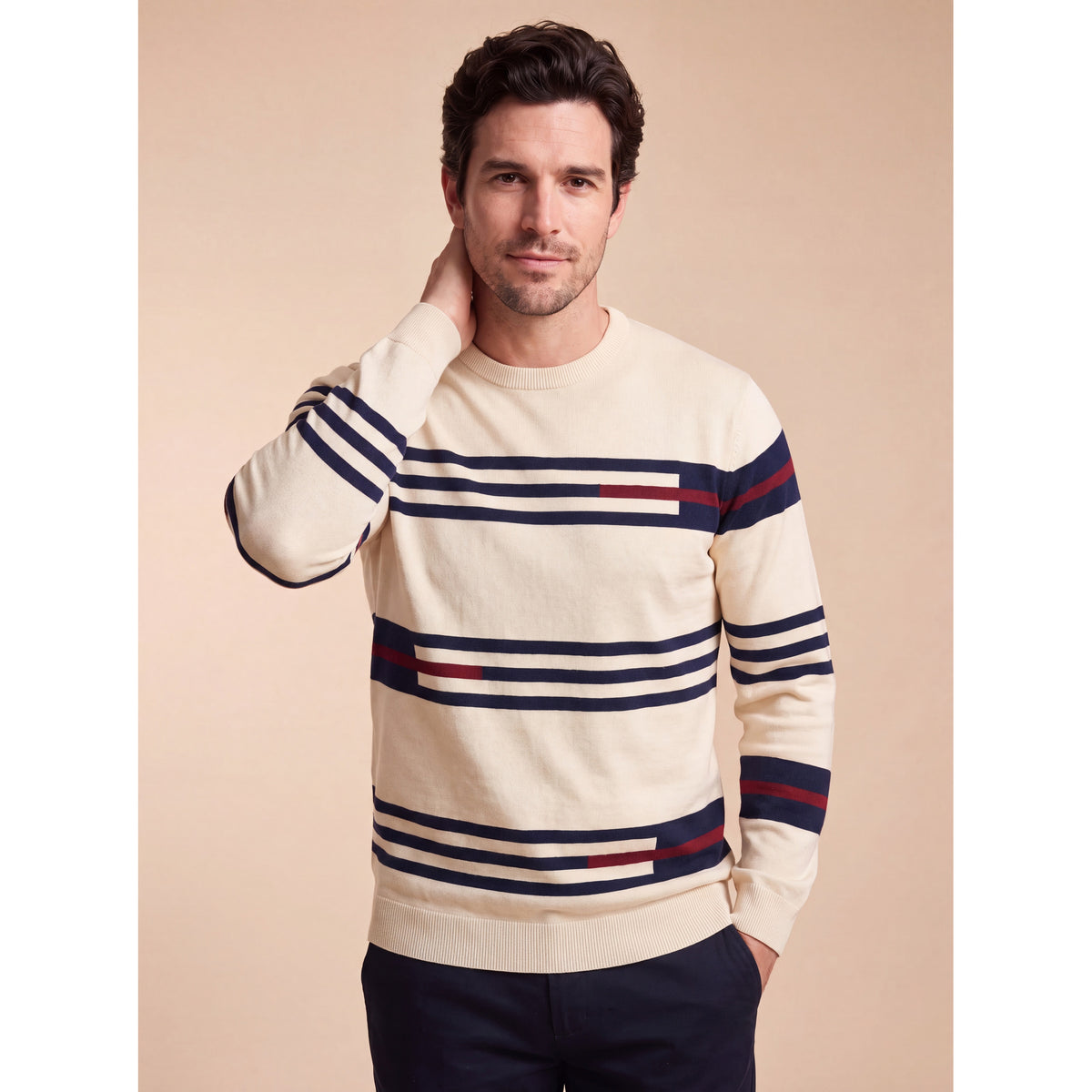 Nautical Stripe Knit Sweater — BEIGE — 3