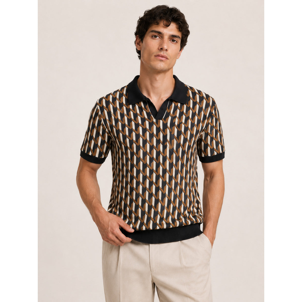 Geo Link Knit Polo — BROWN,BLACK,WHITE — 10