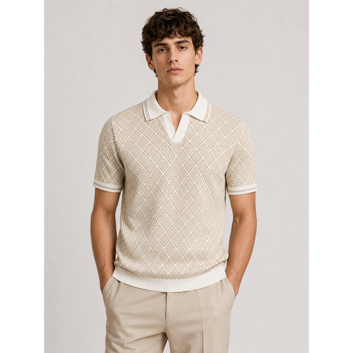 Mosaic Knit Polo — BEIGE, WHITE — 4