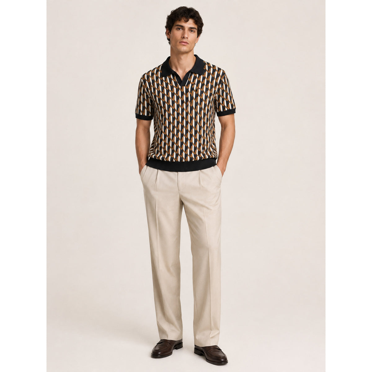 Geo Link Knit Polo — BROWN,BLACK,WHITE — 13